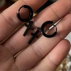 Black Cross Hoop Earrings - Small Hoop Dangles